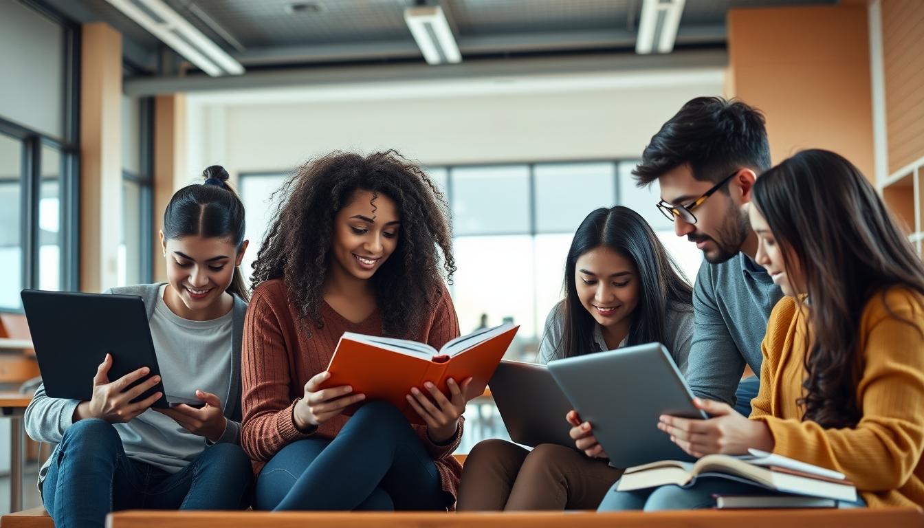 Students studying together in modern classroom